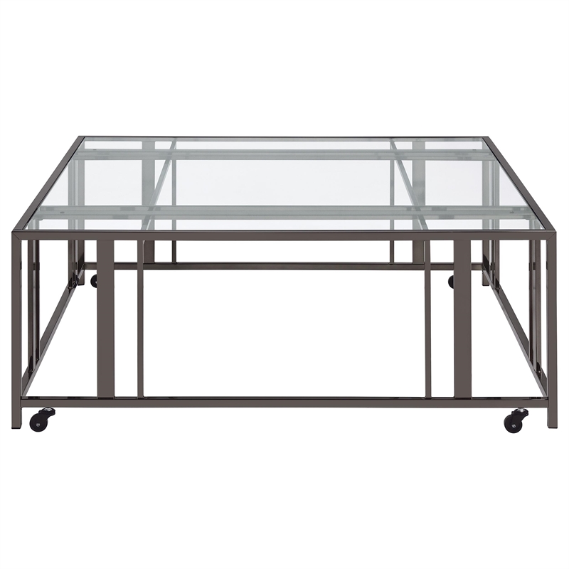 Pemberly Row Square Glass Top Coffee Table with Casters in Black Nickel