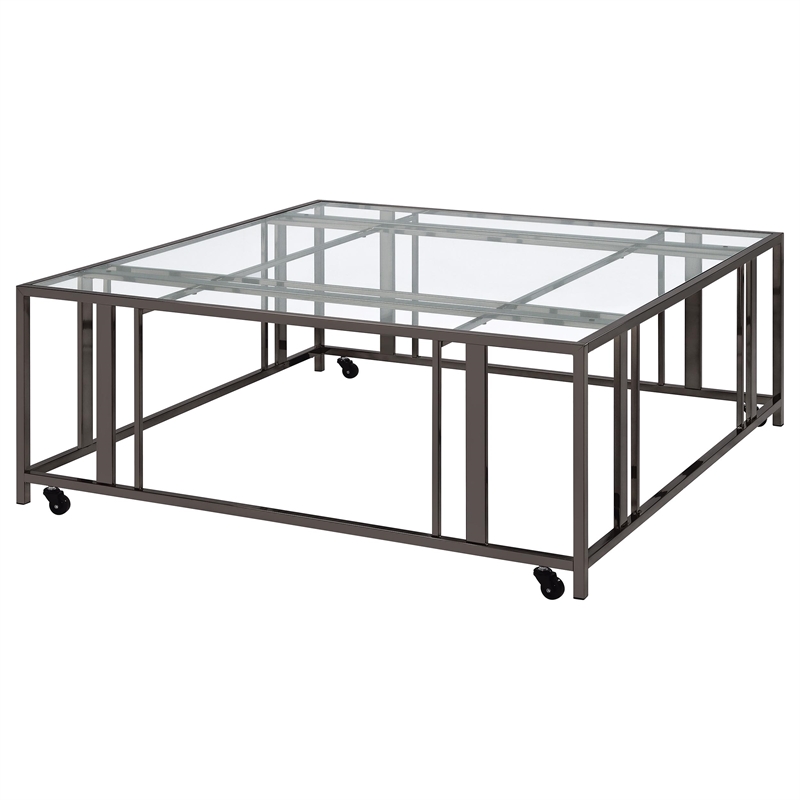Pemberly Row Square Glass Top Coffee Table with Casters in Black Nickel