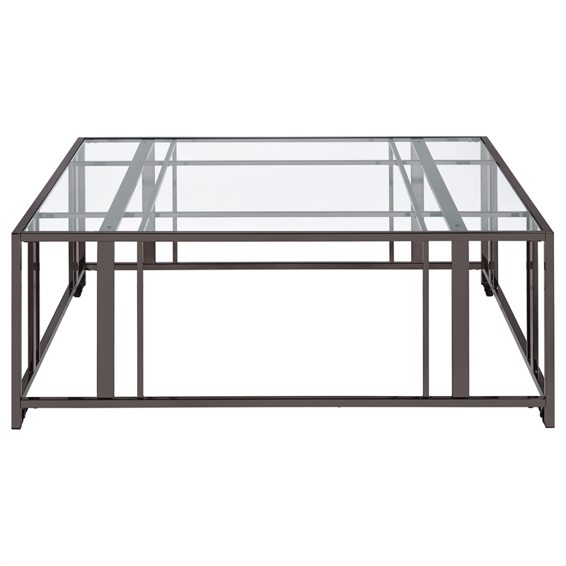 Pemberly Row Square Glass Top Coffee Table with Casters in Black Nickel