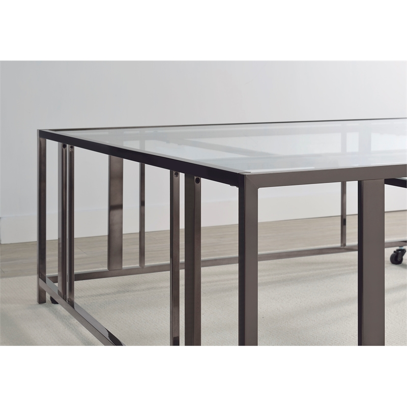 Pemberly Row Square Glass Top Coffee Table with Casters in Black Nickel