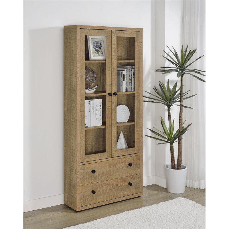 Pemberly Row 4-Shelf Glass Door Tall Wood Cabinet with Drawers in Brown