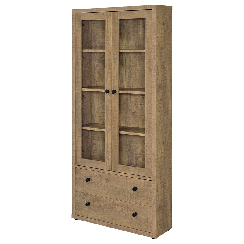 Pemberly Row 4-Shelf Glass Door Tall Wood Cabinet with Drawers in Brown