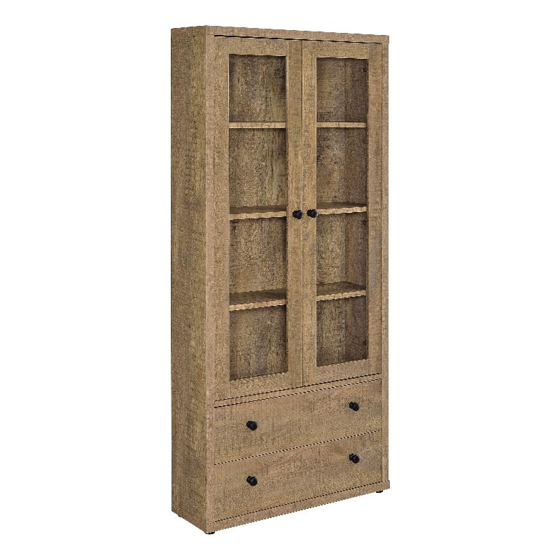 Pemberly Row 4-Shelf Glass Door Tall Wood Cabinet with Drawers in Brown