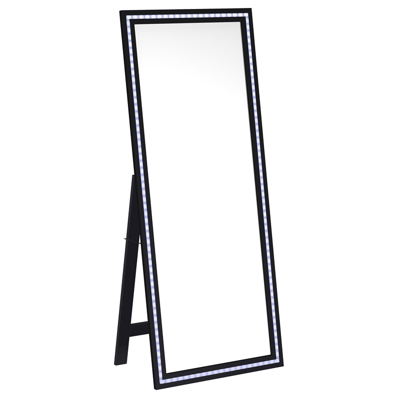 Pemberly Row 28 x 67 Inch Tempered LED Wood Standing Mirror in Black