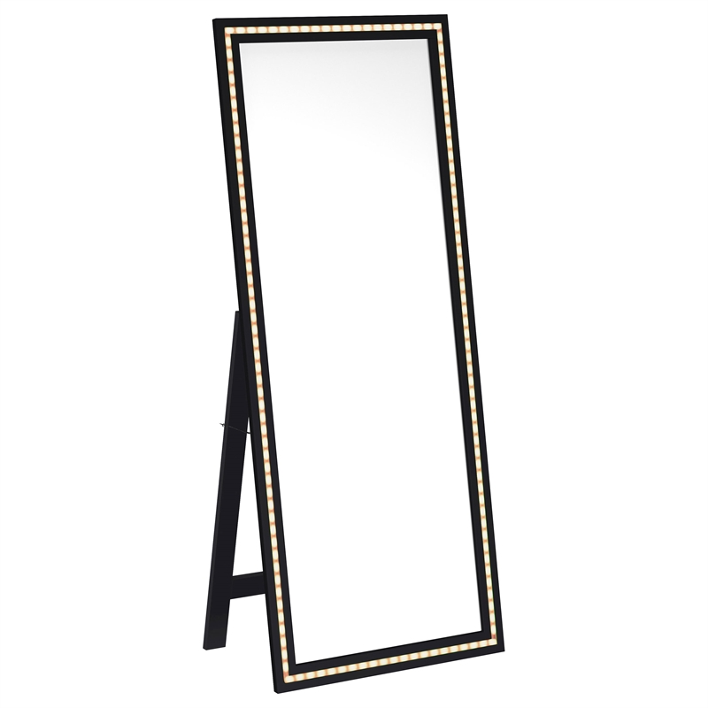 Pemberly Row 28 x 67 Inch Tempered LED Wood Standing Mirror in Black