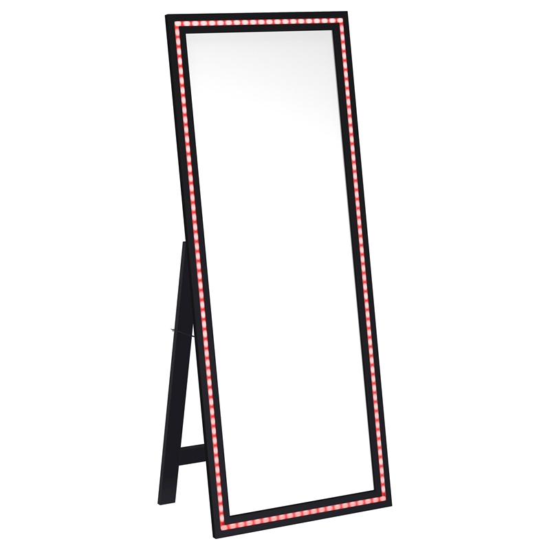 Pemberly Row 28 x 67 Inch Tempered LED Wood Standing Mirror in Black