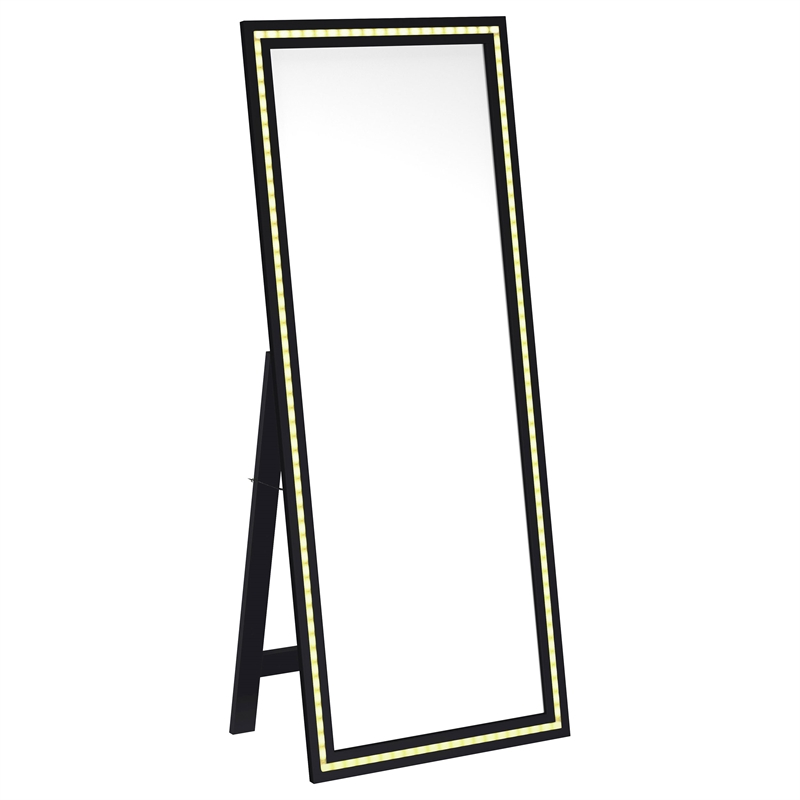 Pemberly Row 28 x 67 Inch Tempered LED Wood Standing Mirror in Black