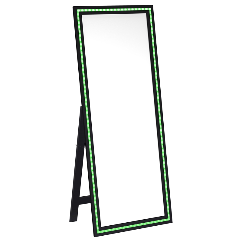 Pemberly Row 28 x 67 Inch Tempered LED Wood Standing Mirror in Black