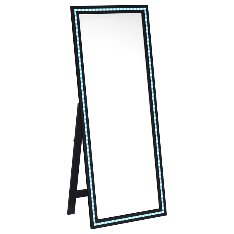 Pemberly Row 28 x 67 Inch Tempered LED Wood Standing Mirror in Black