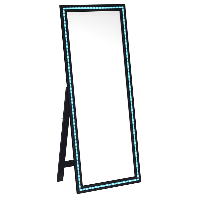 Pemberly Row 28 x 67 Inch Tempered LED Wood Standing Mirror in Black
