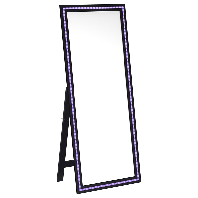 Pemberly Row 28 x 67 Inch Tempered LED Wood Standing Mirror in Black