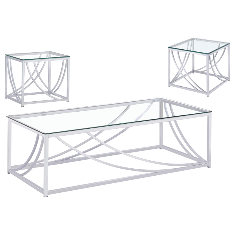 Pemberly Row 3-Piece Glass Top Metal Coffee End Table Set in Chrome