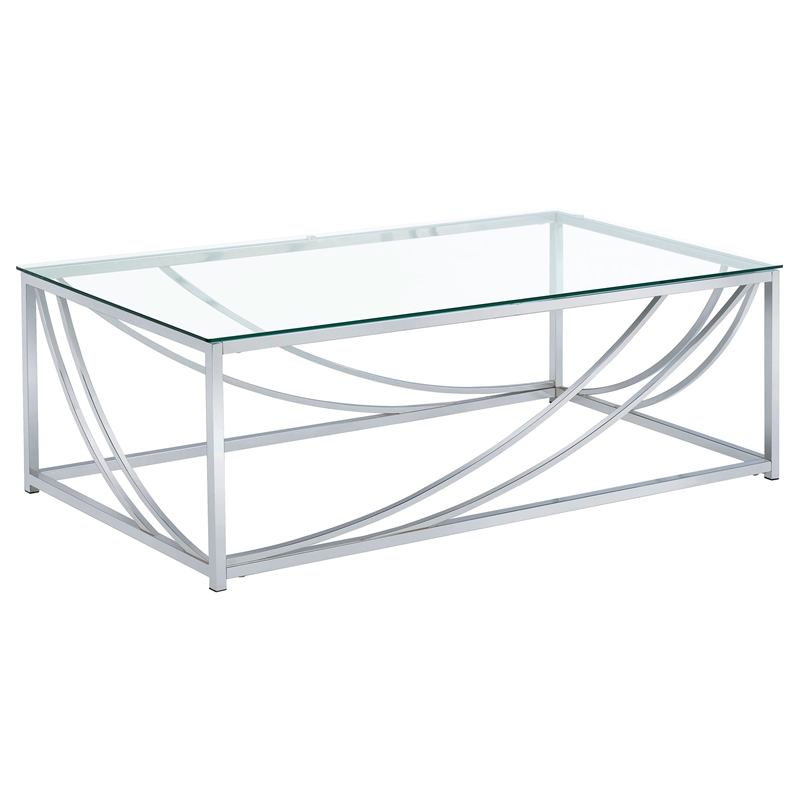 Pemberly Row 3-Piece Glass Top Metal Coffee End Table Set in Chrome