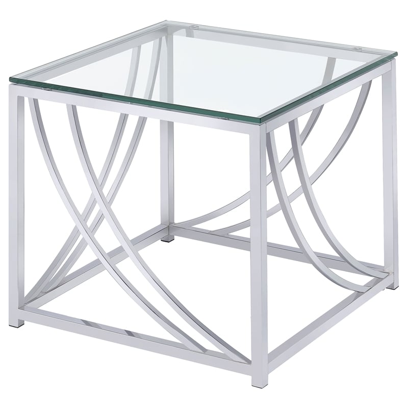 Pemberly Row 3-Piece Glass Top Metal Coffee End Table Set in Chrome