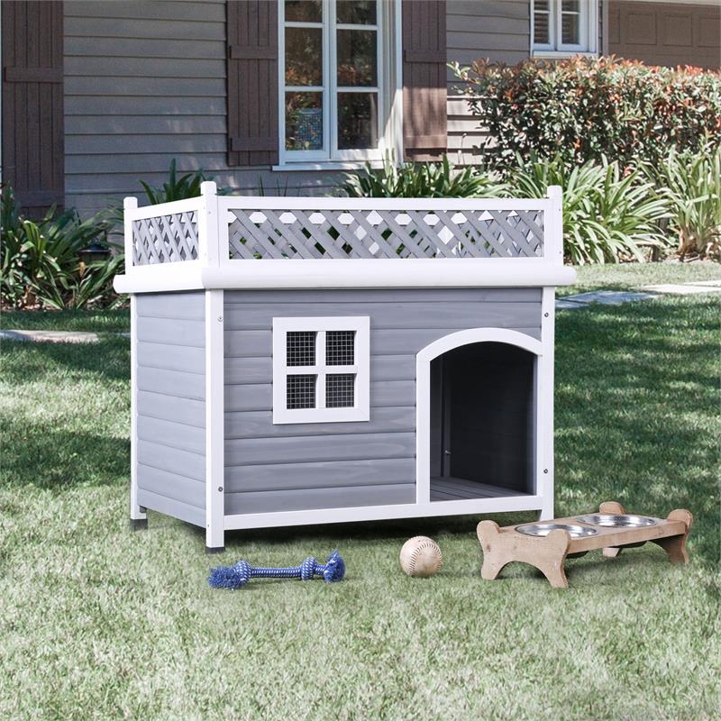 Pemberly Row Contemporary Wood Dog House in Gray and White Finish