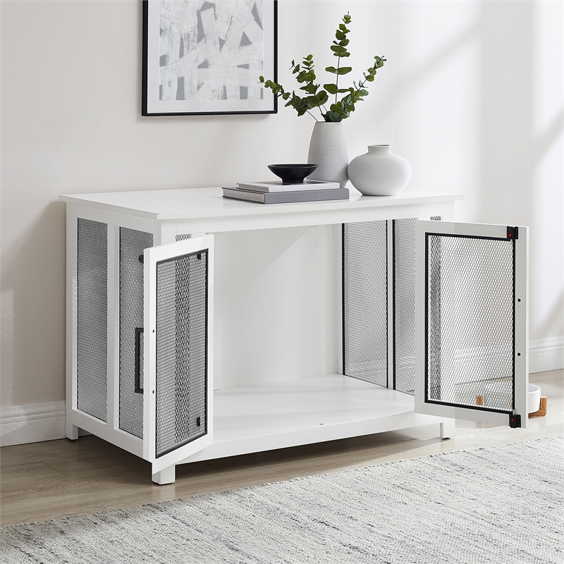 Pemberly Row Transitional Wood Credenza Dog Crate in White and Black