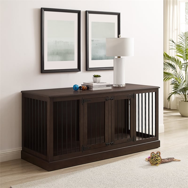 Pemberly Row Medium MDF Wood Credenza Pet Crate in Dark Brown