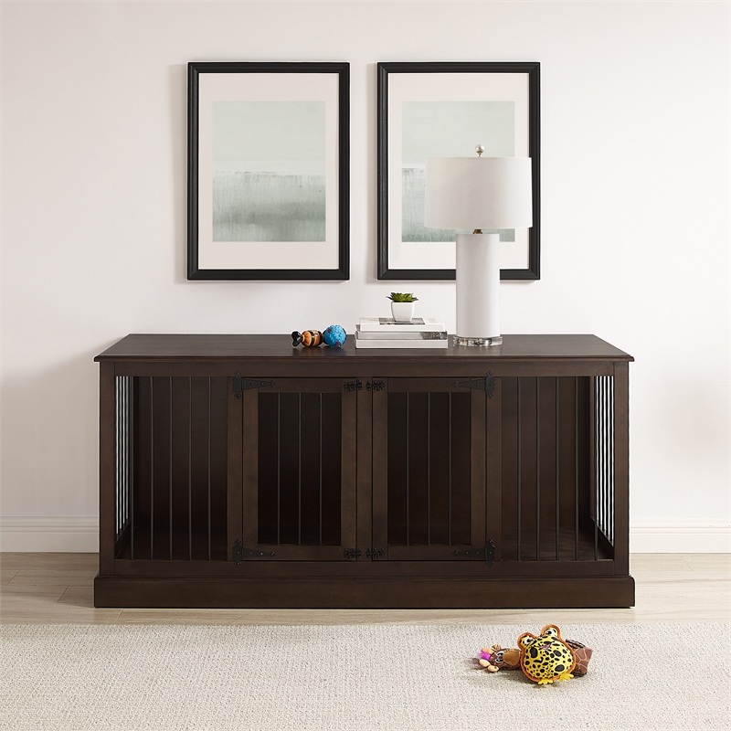 Pemberly Row Medium MDF Wood Credenza Pet Crate in Dark Brown
