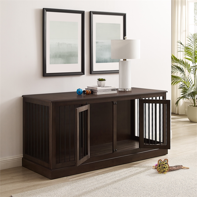 Pemberly Row Medium MDF Wood Credenza Pet Crate in Dark Brown
