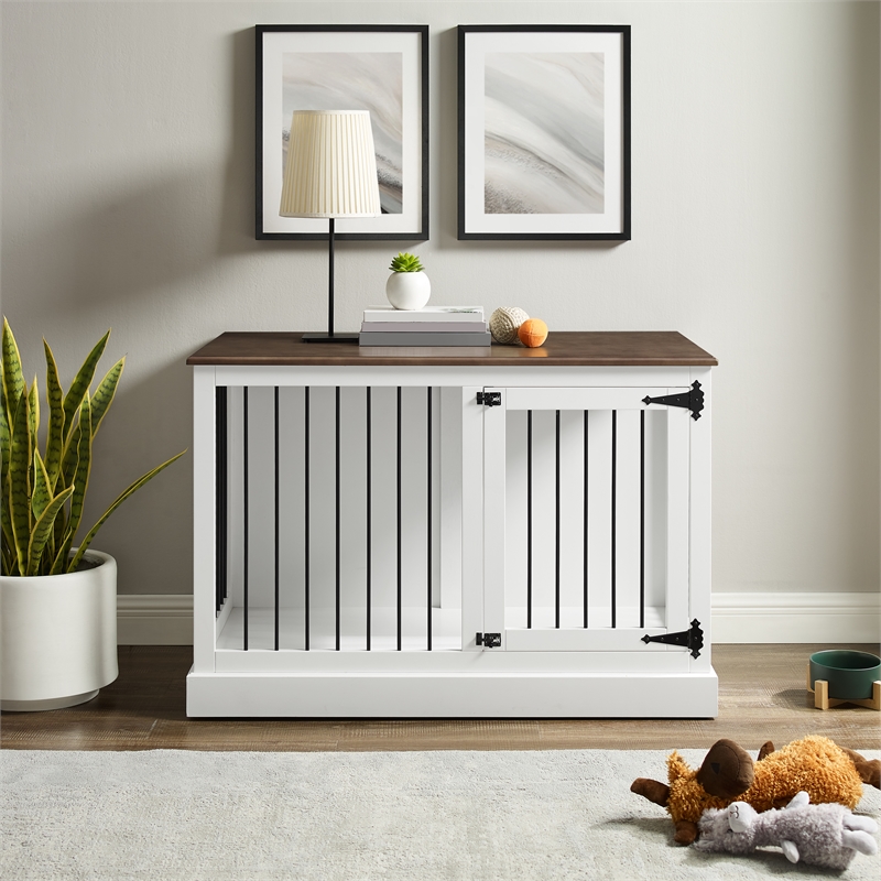 Pemberly Row Small Wood Credenza Dog Crate in White/Dark Brown