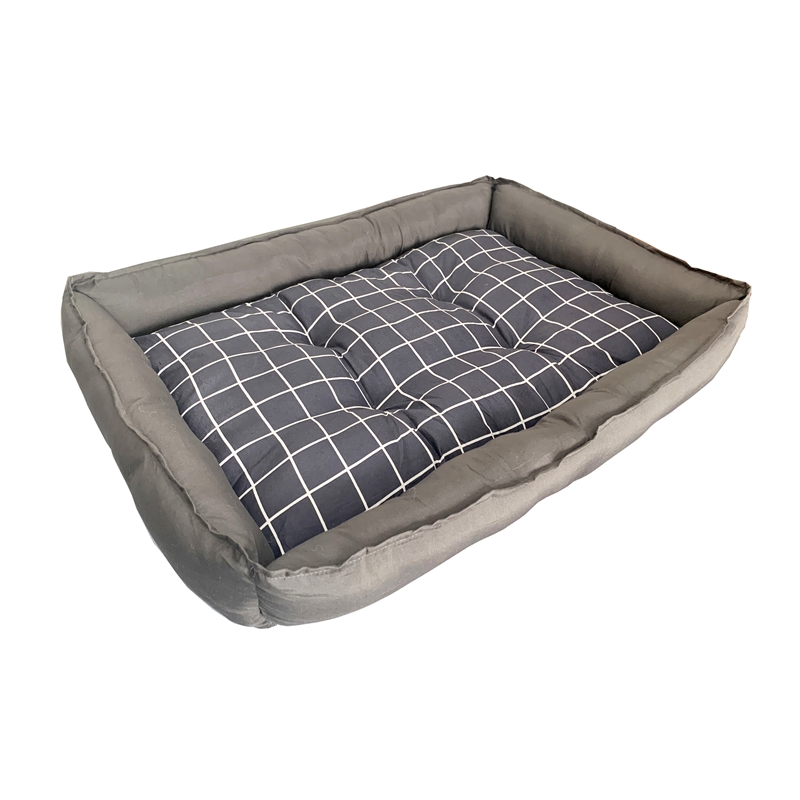 Pemberly Row Grey Fabric Checker Dog Bed L Soft and Comfy Pet Bed