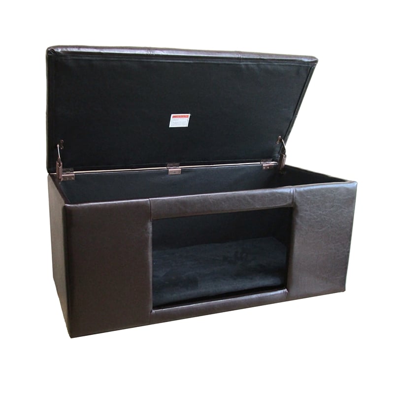 Pemberly Row Traditional Faux Leather Decorative Pet Bed Bench in Brown