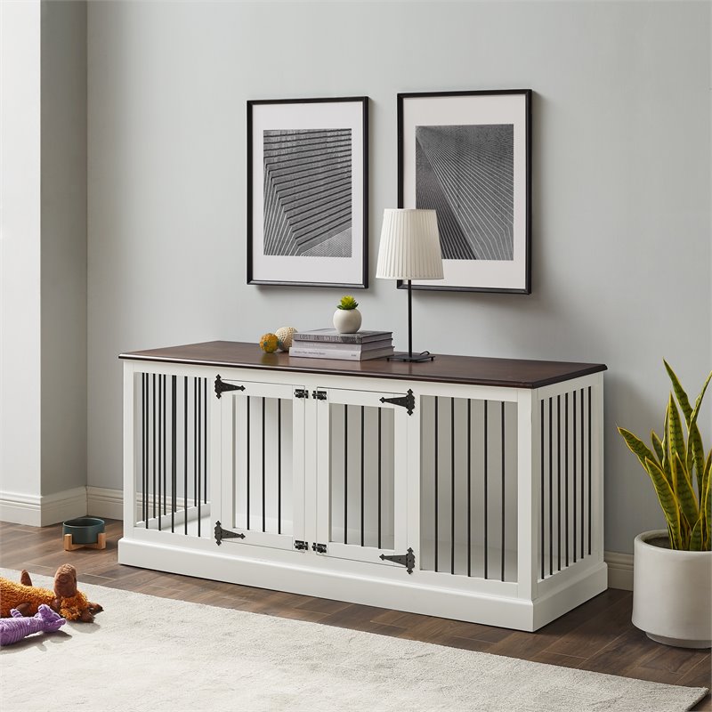 Pemberly Row Traditional Wood Medium Credenza Pet Crate in White / Brown