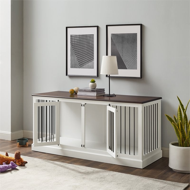 Pemberly Row Traditional Wood Medium Credenza Pet Crate in White / Brown