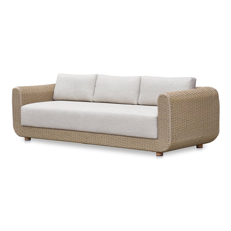 Pemberly Row Natural Rattan Frame Sofa with Fabric Upholstered Cushions
