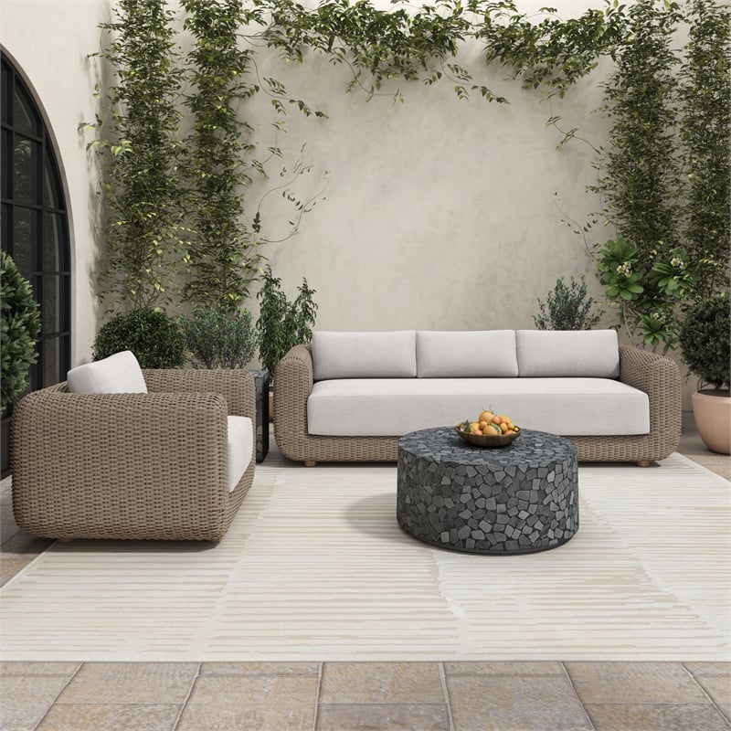 Pemberly Row Natural Rattan Frame Sofa with Fabric Upholstered Cushions