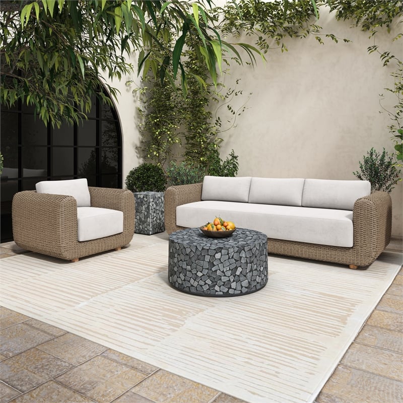 Pemberly Row Natural Rattan Frame Sofa with Fabric Upholstered Cushions