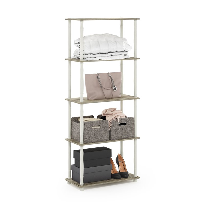 Pemberly Row Turn-N-Tube Engineered Wood 5-Tier Shelf Display Rack in Oak/White