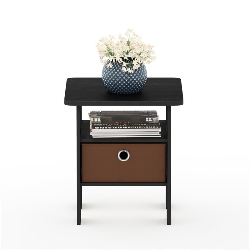 Pemberly Row Wood End Table with Bin Drawer in Americano Black/Medium Brown