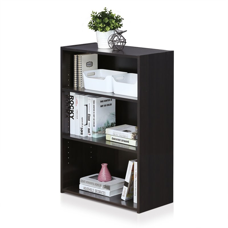 Pemberly Row Engineered Wood 3-Tier Bookcase Storage Shelves in Dark Walnut