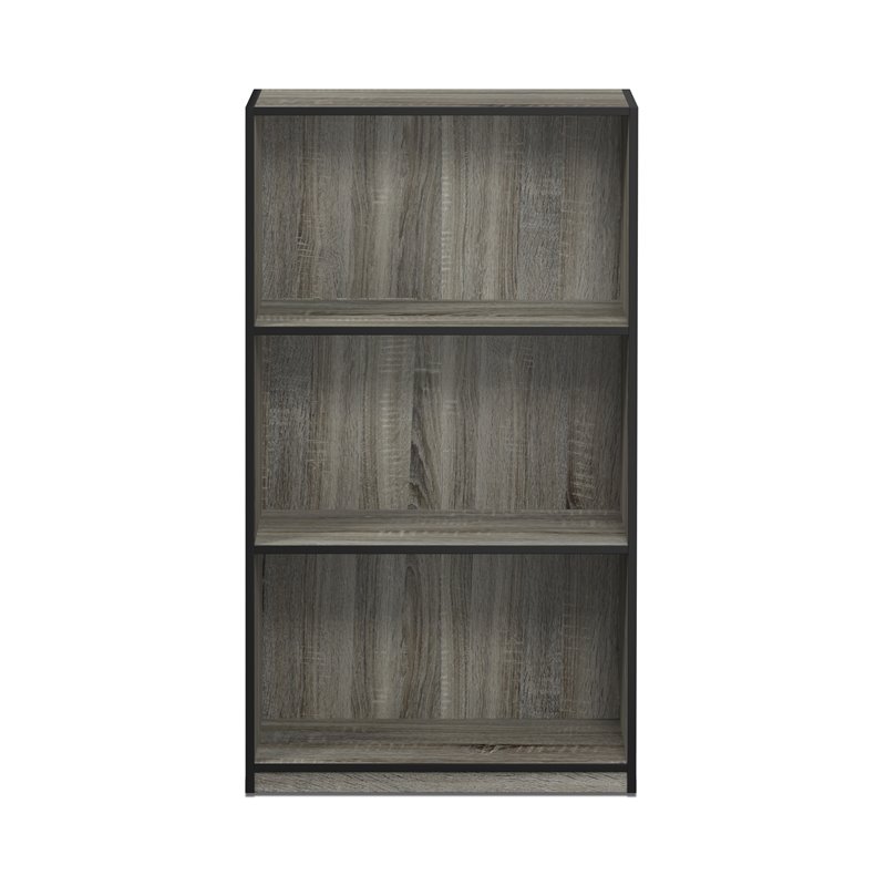 Pemberly Row Wood 3-Tier Bookcase Storage Shelves in French Oak Gray/Black
