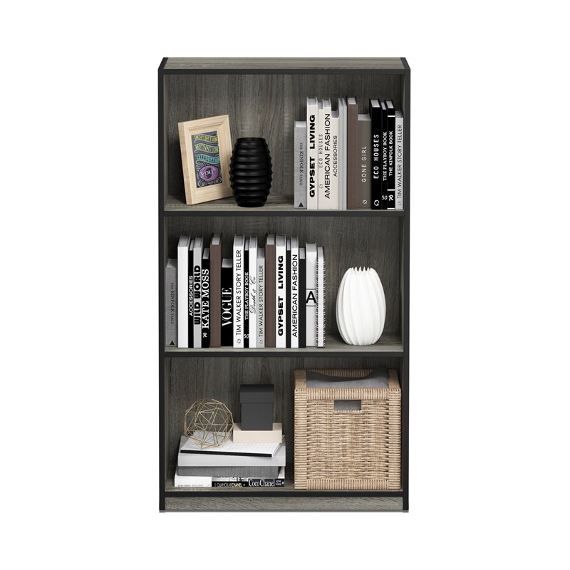 Pemberly Row Wood 3-Tier Bookcase Storage Shelves in French Oak Gray/Black