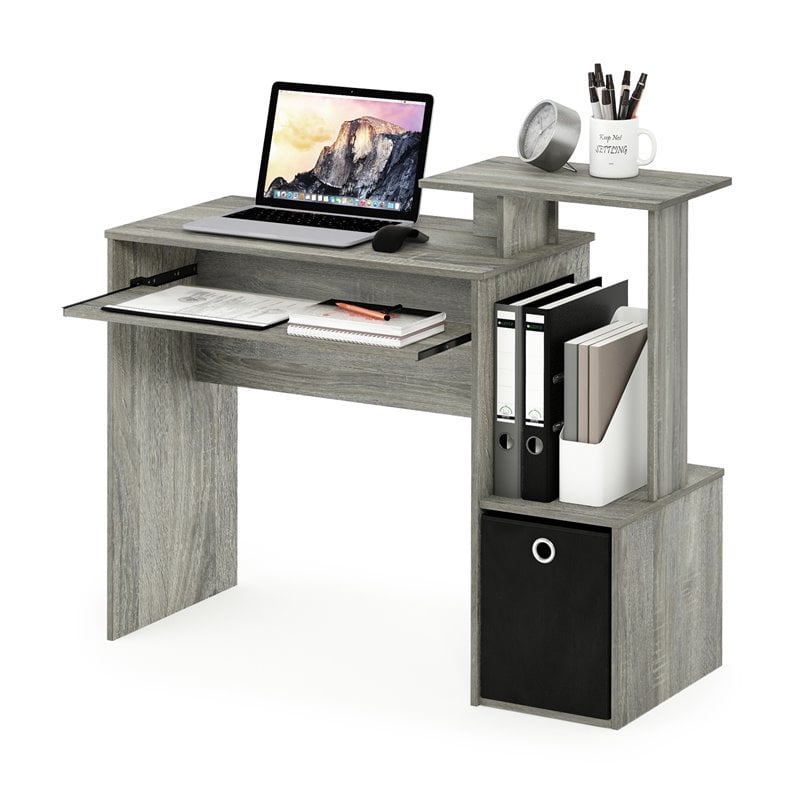 Pemberly Row Wood Computer Writing Desk w/Bin in French Oak Gray/Black