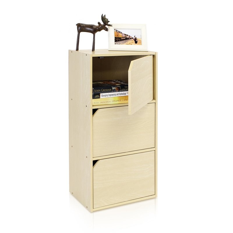 Pemberly Row Wood 3-Tier Bookcase with Door in Steam Beech/Natural