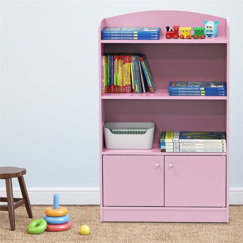 Pemberly Row Engineered Wood Bookshelf with Storage Cabinet in Pink