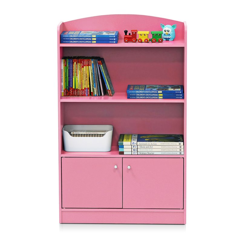 Pemberly Row Engineered Wood Bookshelf with Storage Cabinet in Pink