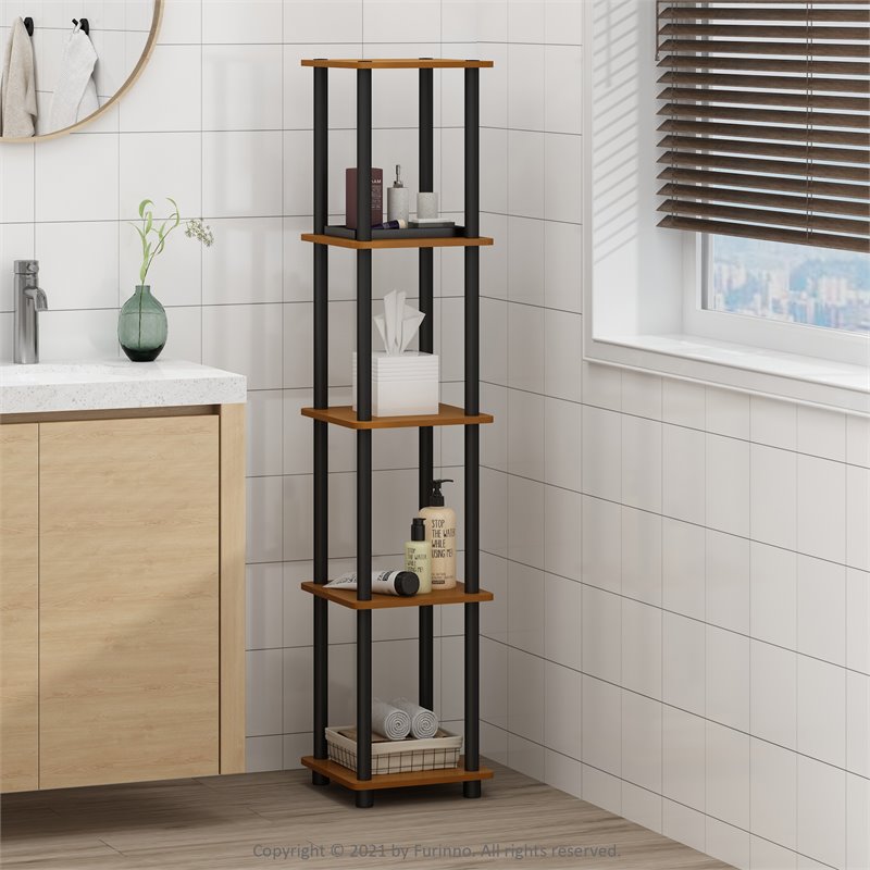 Pemberly Row Turn-N-Tube Wood 5-Tier Corner Rack Display Shelf in Cherry/Black