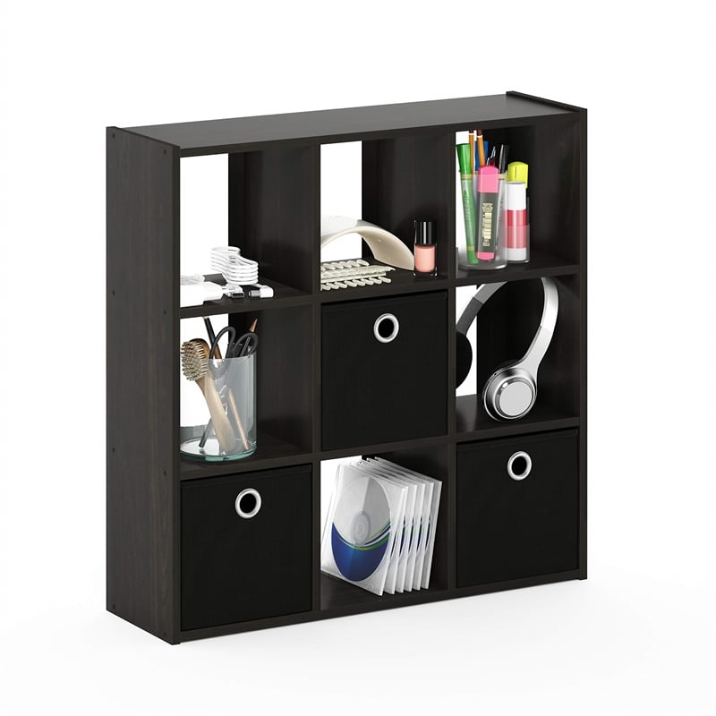 Pemberly Row Engineered Wood 9-Cube Organizer with Bins in Espresso/Black