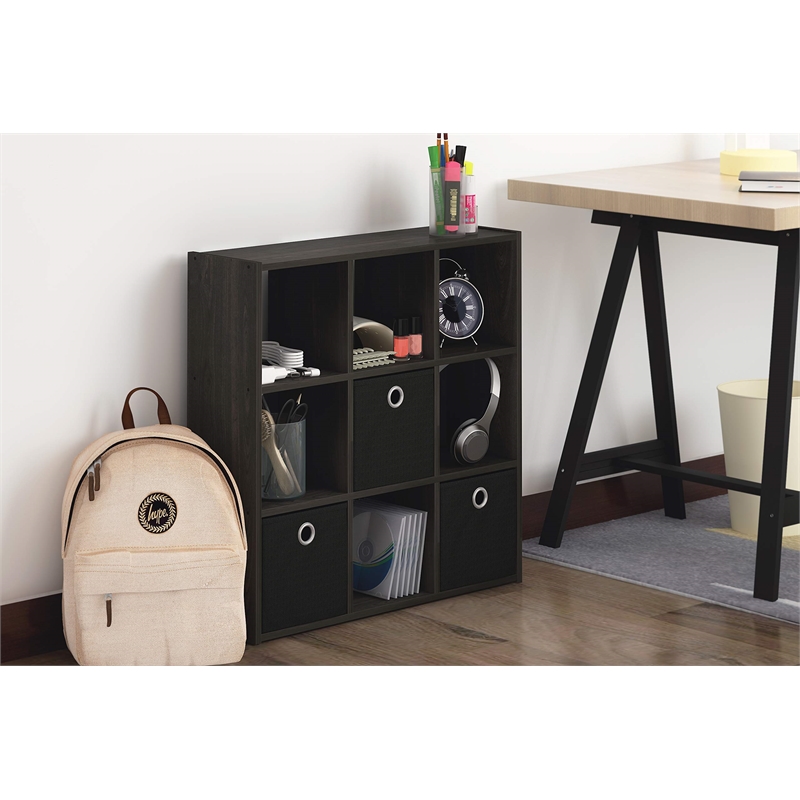 Pemberly Row Engineered Wood 9-Cube Organizer with Bins in Espresso/Black