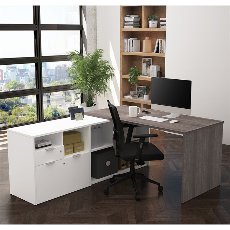 Pemberly Row Modern L Shape Computer Desk in Bark Gray and White
