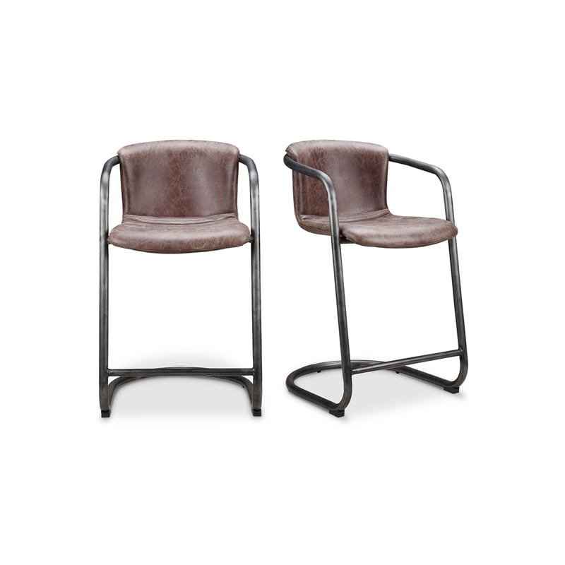 Pemberly Row Modern Counter Stool Grazed Brown Leather-Set Of Two