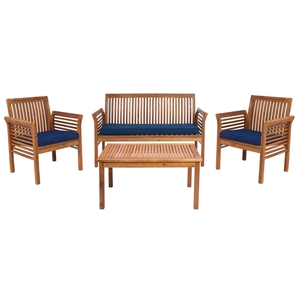 Pemberly Row Modern 4 Piece Patio Sofa Set in Teak Brown and Navy