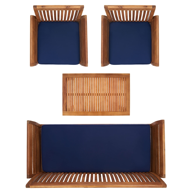 Pemberly Row Modern 4 Piece Patio Sofa Set in Teak Brown and Navy
