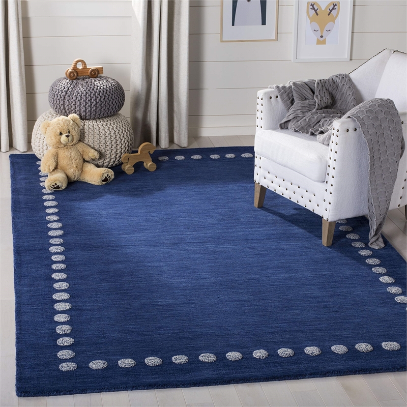 Pemberly Row 5' Square Hand Loomed Wool Rug in Navy and Ivory