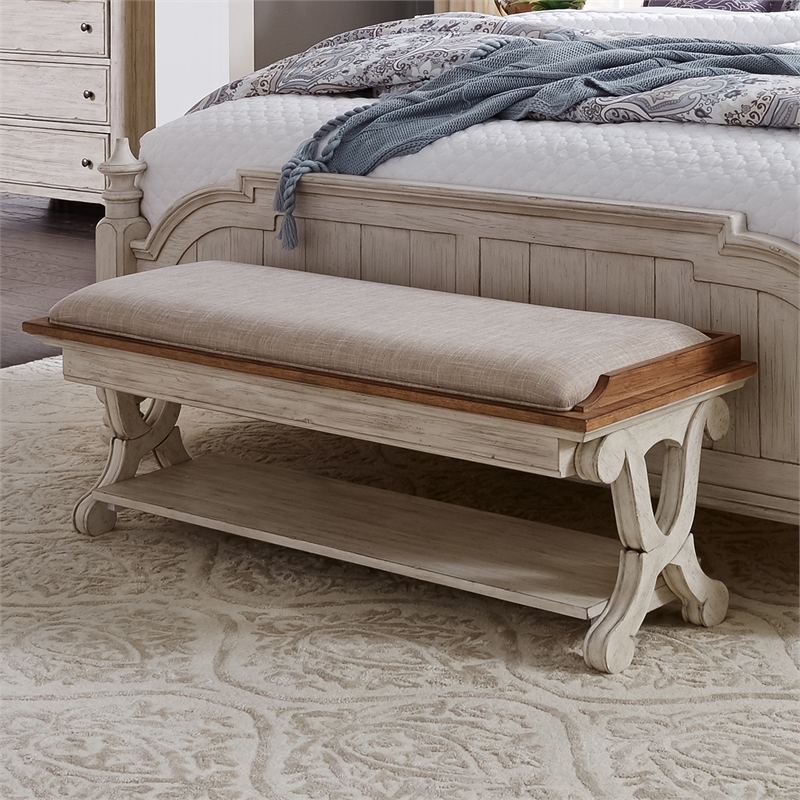 Pemberly Row Farmhouse Reimagined White Finish Wood Bed Bench