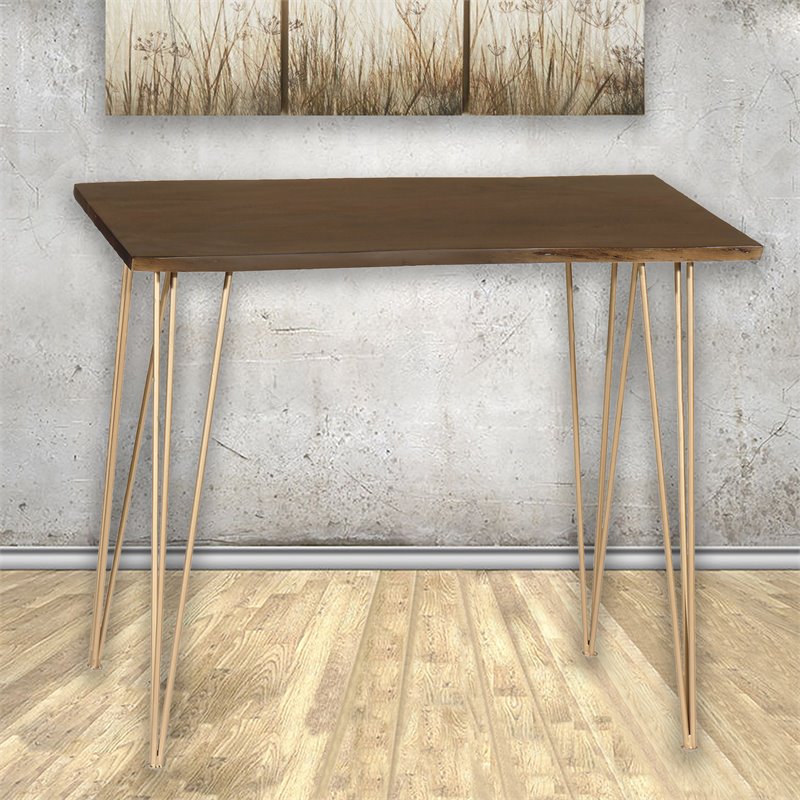 Pemberly Row Contemporary Live Edge Bar Table in Elm and Gold